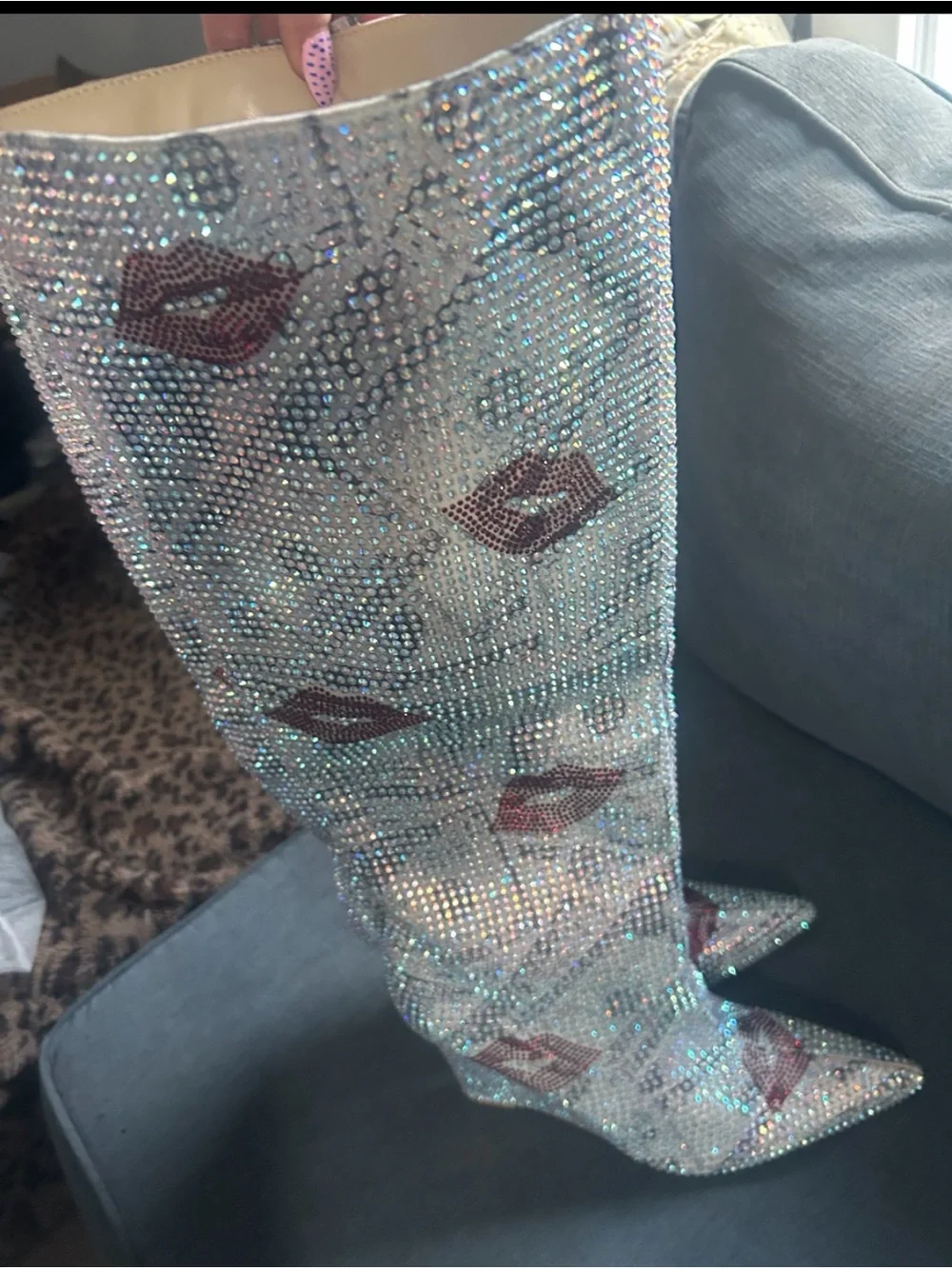Cape Robbin Iridescent Crystal Over-the-Knee Boots with Red Lip Accents